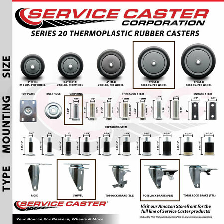Service Caster 5'' Thermo Rubber Wheel Swivel 7/16'' Grip Ring Stem Caster Set 2 Brake, 4PK SCC-GR20S514-TPRB-PLB-716138-2-S-2